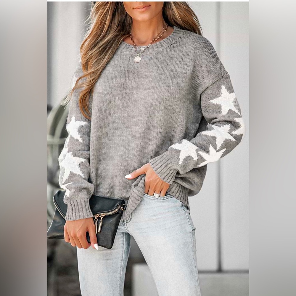 CUPSHE Grey Star Dropped Sleeve Sweater - Size Large